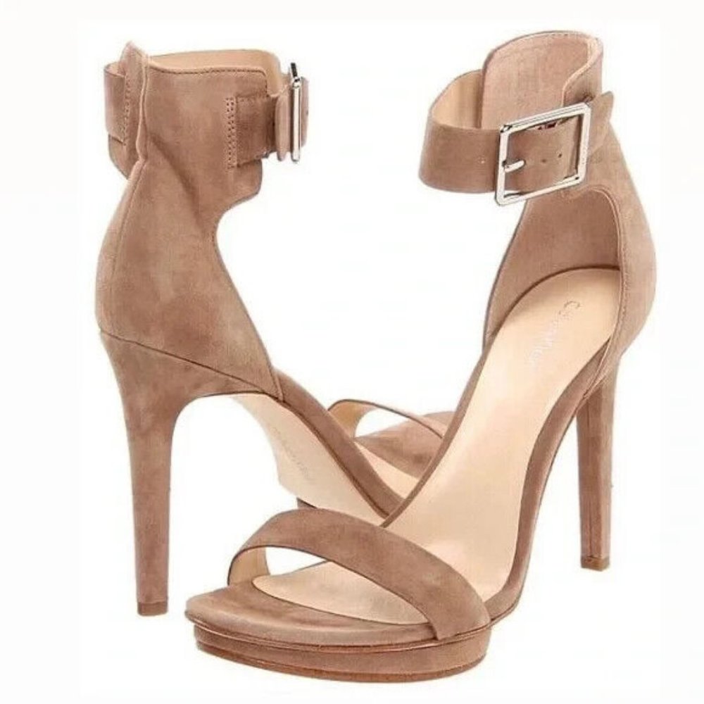Calvin Klein Vivian suede sandals high heels platform nude tan ankle strap